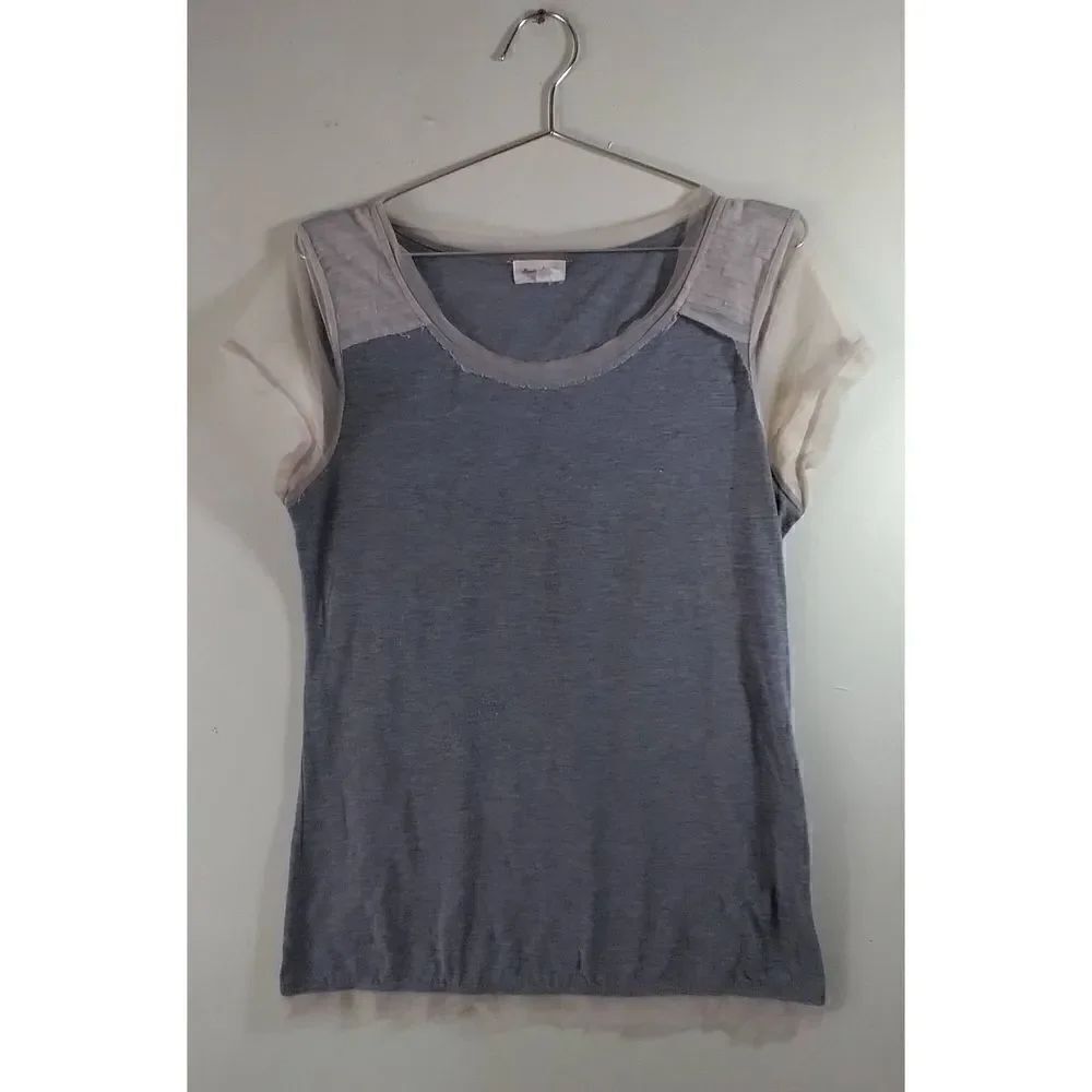 Anthropologie Meadow Rue Size Large Gray and Tan Sheer Short Sleeve Shirt